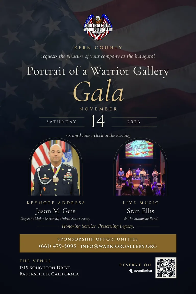 Save the Date flier for the Portrait of a Warrior Gala on November 14th, 2026, featuring main speaker Sergeant Major (Retired) Jason M. Geis and live music by Stan Ellis and the Stampede Band