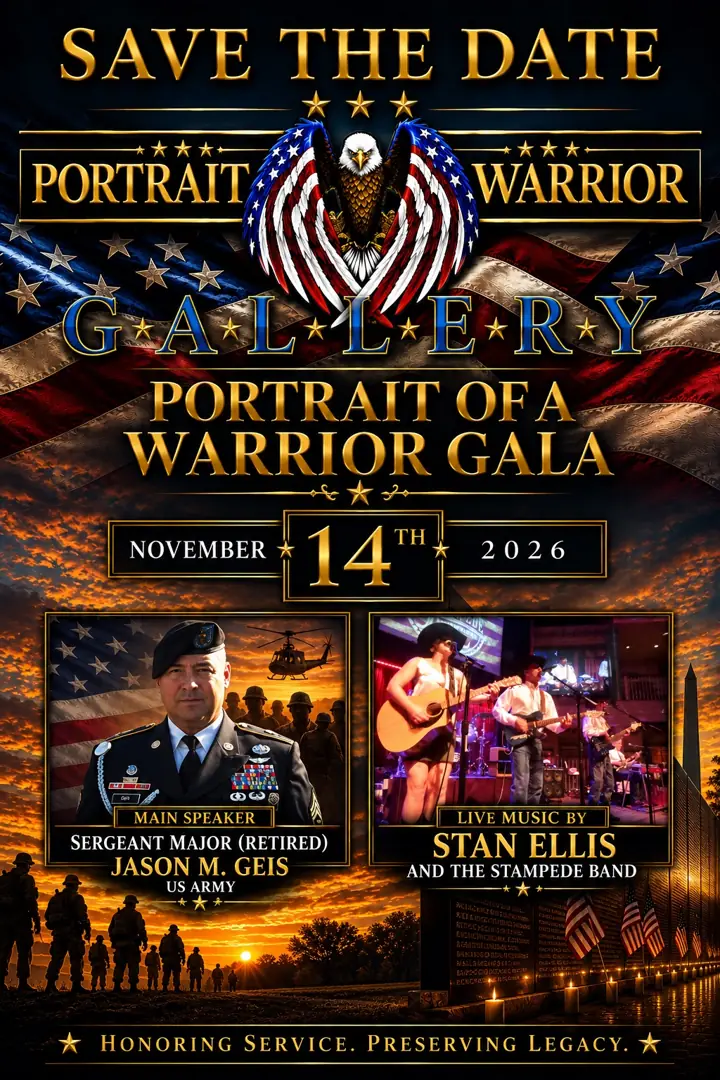 Save the Date flier for the Portrait of a Warrior Gala on November 14th, 2026, featuring main speaker Sergeant Major (Retired) Jason M. Geis and live music by Stan Ellis and the Stampede Band